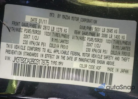 2011 Mazda Cx-9 Grand Touring z USA, uszkodzony, nr VIN JM3TB2DA2B0317875